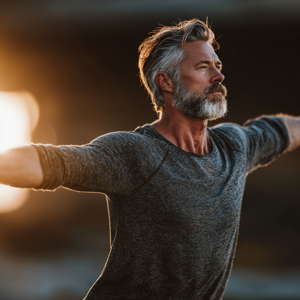 Mature man in his late 40s performing a yoga warrior pose outdoors with focused concentration and proper alignment