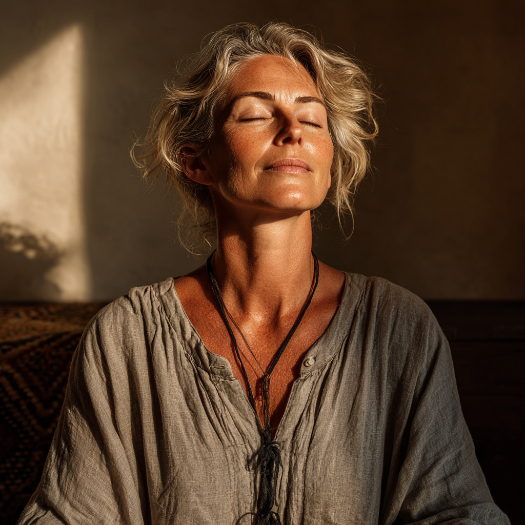 Serene woman in her 50s sitting in lotus position during yoga practice with gentle natural lighting and peaceful expression